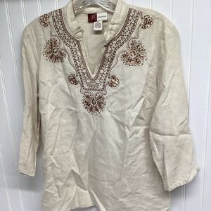 JM Collection Tan Natural Linen Embellished Tunic Shirt Top Womens 4 Petite *B